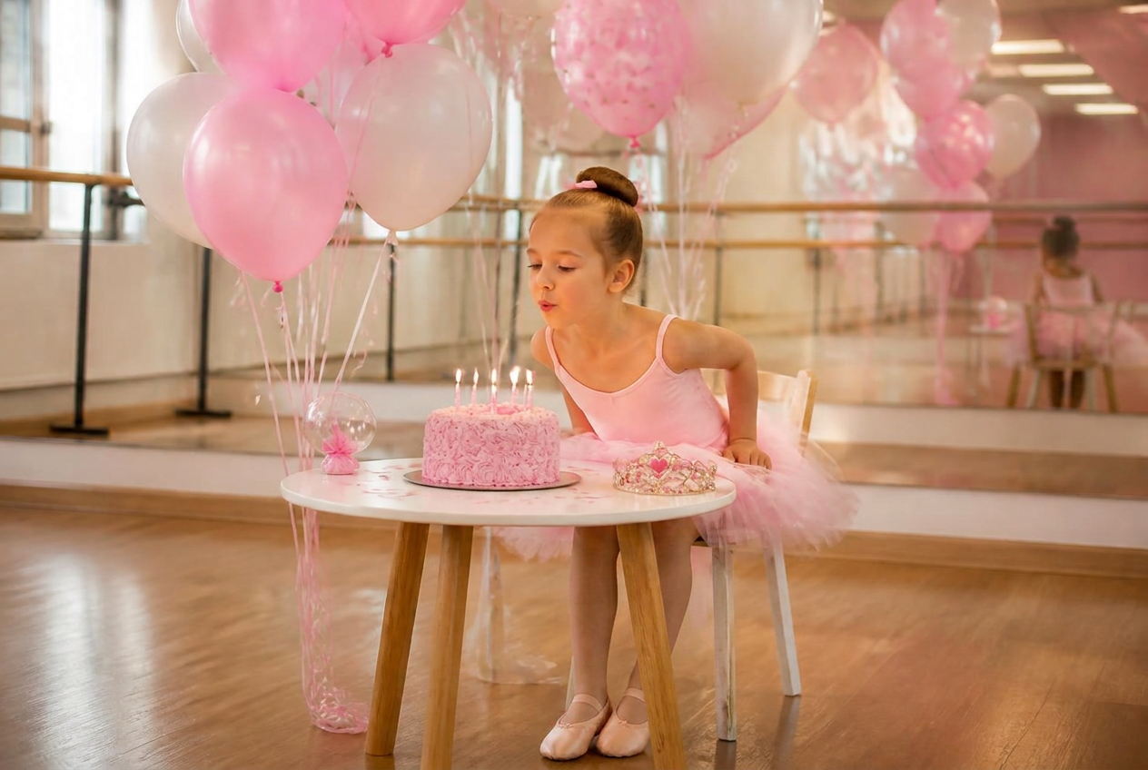 Young ballerina in a pink tutu blowing out candles on her birthday cake in the dance studio, surrounded by pink balloons