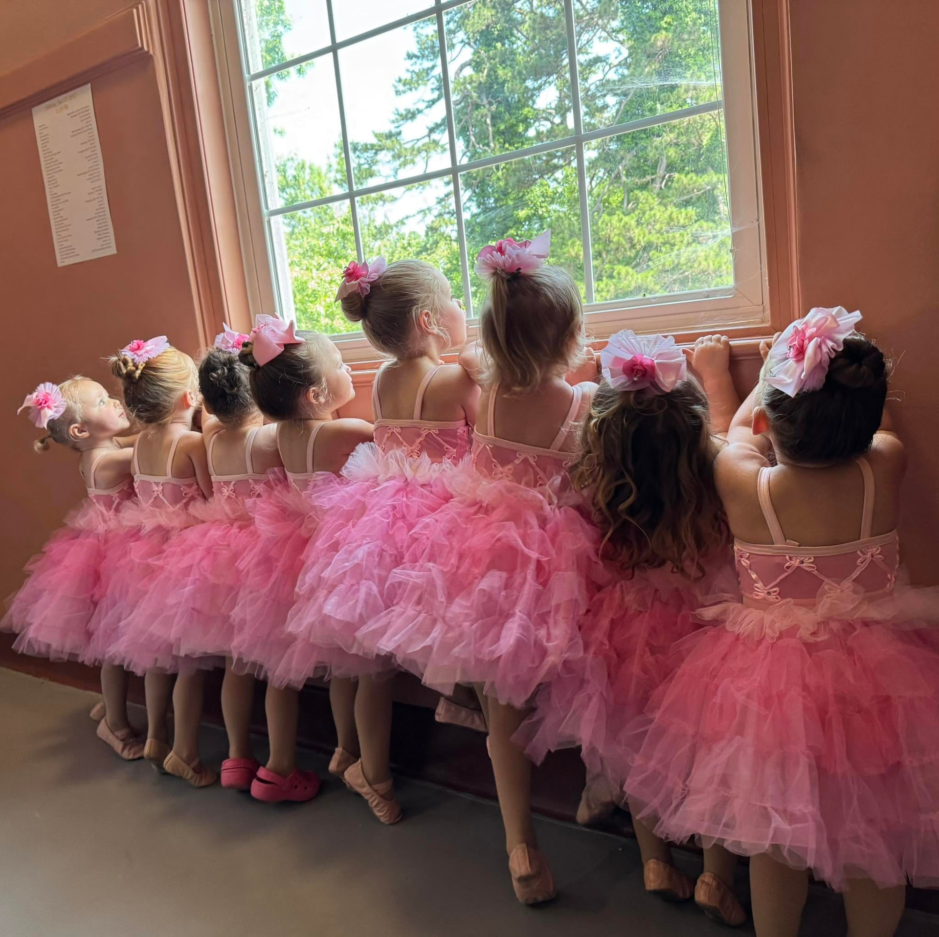Young Dance Perfections ballerinas in pink tutus lined up at a window before their recital