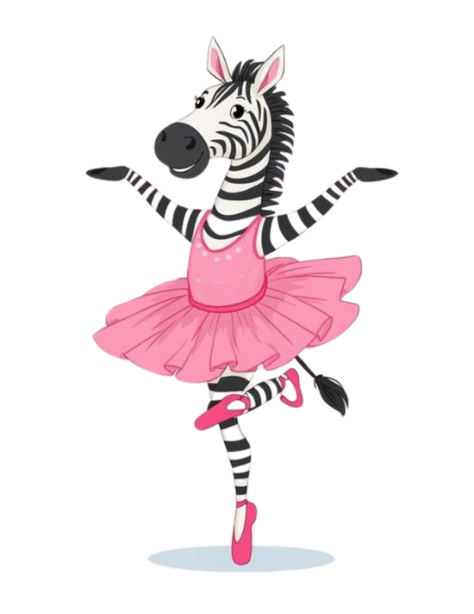 Pinky, the Dance Perfections zebra mascot, dancing in a pink tutu and ballet shoes